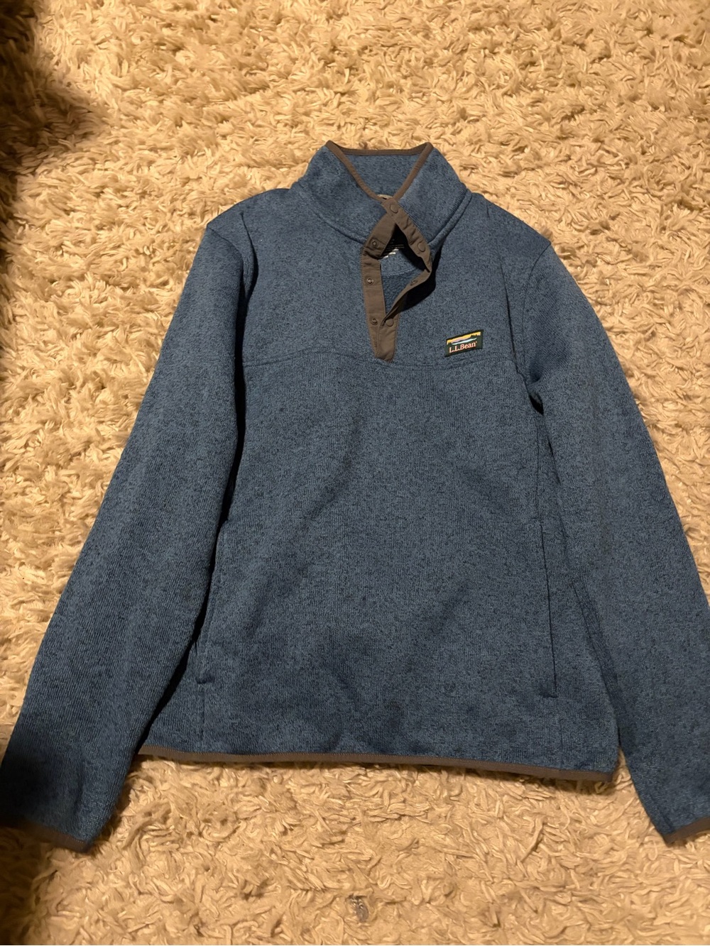 L.L. Bean Blue Zip-Style Snap Fleece Sweater with Brown Trim